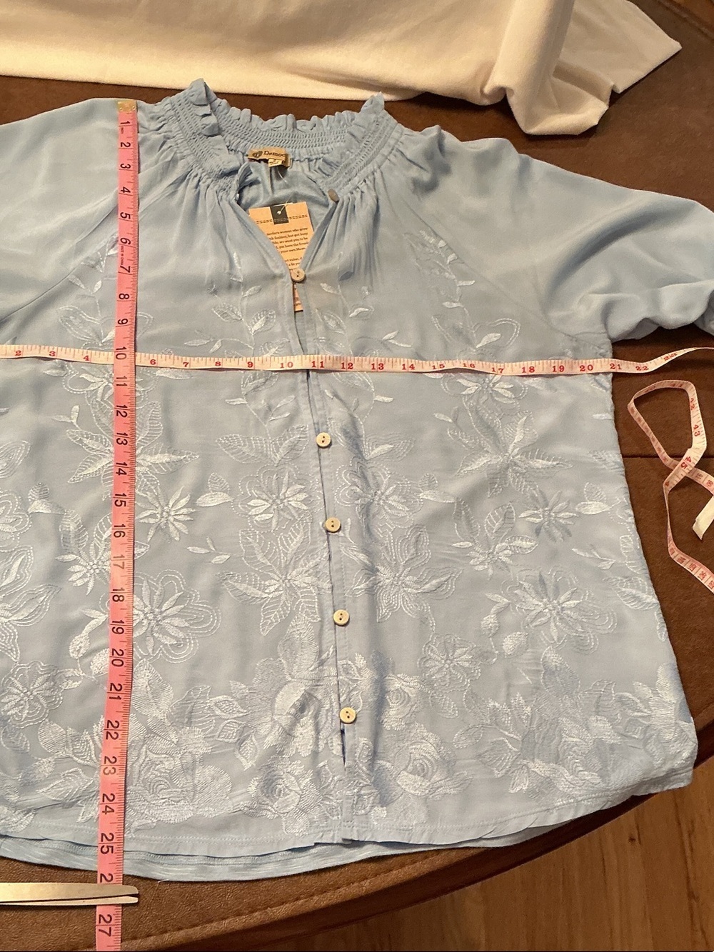 NWT Democracy Light Blue Embroidered Women’s Button-Down Top Blouse Sz S Rayon - Picture 7 of 10